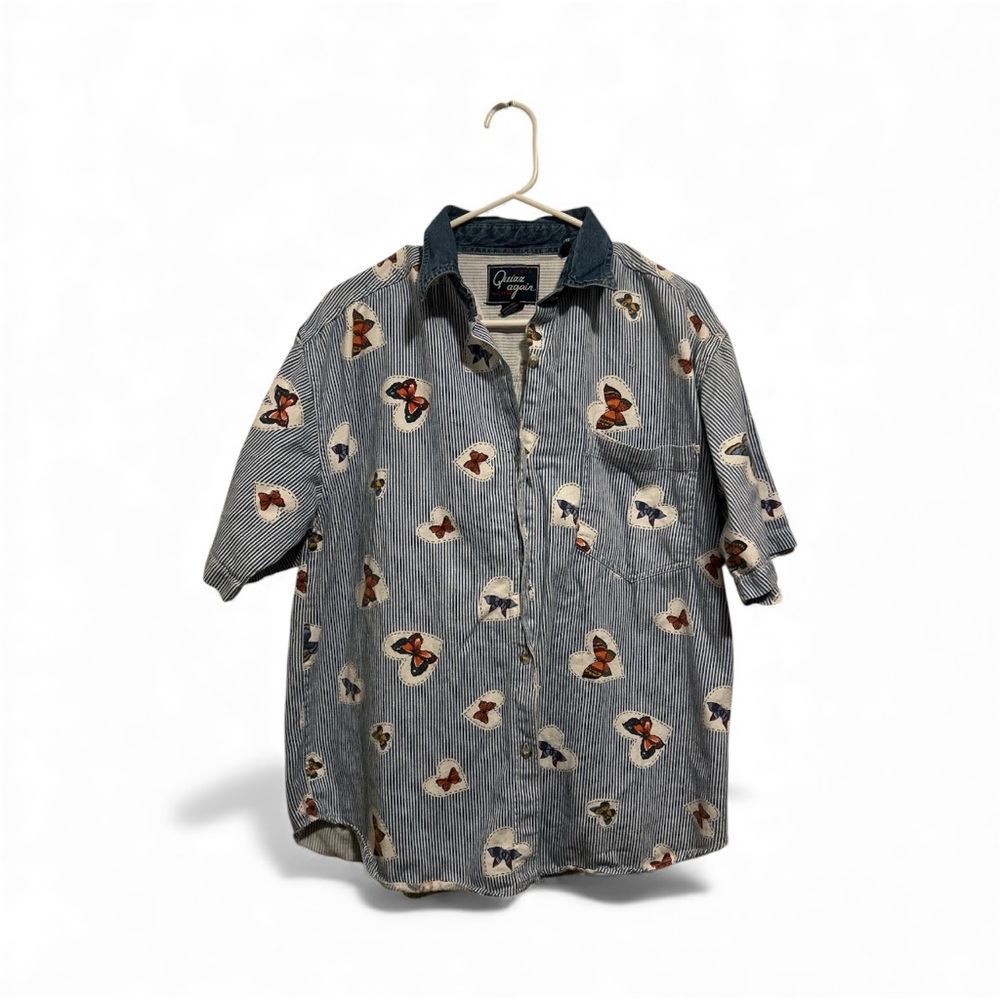 Vintage 90s Classic Butterfly Heart Tacky Button-Up Shirt - Medium